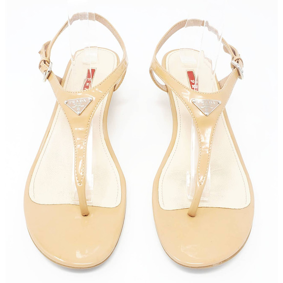 Prada Shoes - Prada LOGO Triangle Nude Sandals Patent Leather Strappy Thong Wedge Heels EU39.5